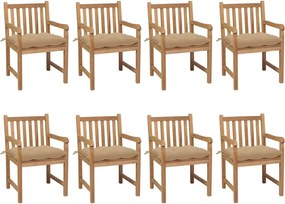 3073076 vidaXL Градински столове 8 бр с бежови възглавници тиково дърво масив