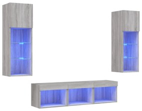 3216602 vidaXL ТВ стенни модули с LED, 5 части, сив сонома, инженерно дърво