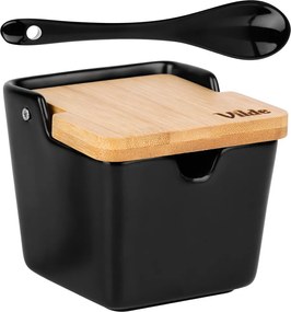 Захарница с лъжица, керамика_бамбук, черна, вместимост 250 мл, размери 9,5x9,5x9см