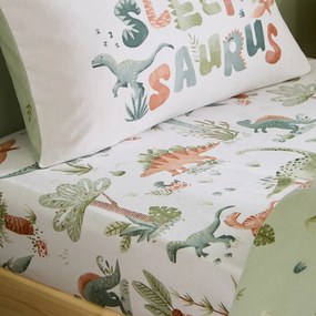 Кремав еластичен единичен фланелен детски чаршаф 90x190 cm Brushed Sleepy Saurus Dino – Catherine Lansfield
