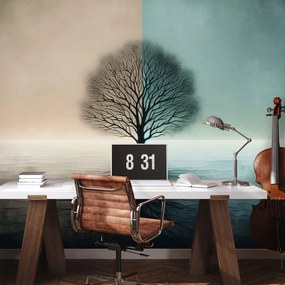 Тапет – Дървото на живота в синьо-бежов контраст