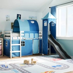 3309150 vidaXL Детско високо легло с кула, синьо, 80x200 см, бор масив