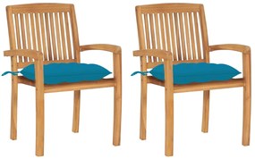 3063271 vidaXL Градински столове, 2 бр, светлосини възглавници, тик масив
