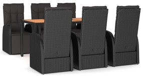 3157609 vidaXL Градински трапезен комплект, 7 части, черен, полиратан и акация