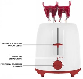 Тостер Beper P101TOS100, 2 филийки, 7 нива, 2 щипки, Подвижна тавичка за трохи, Бял/Червен