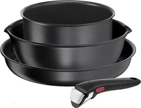 Комплект тигани Tefal Ingenio 2100038720, 4 части, Подвижна дръжка, Незалепващо покритие, Без PFOA, Алуминий, Черен