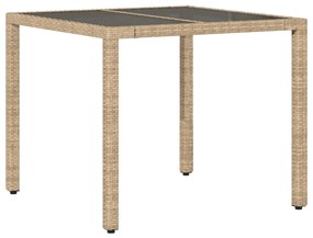 365527 vidaXL Градинска маса със стъклен плот бежова 90x90x75 см полиратан