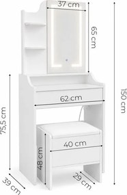 Тоалетка с LED огледало – табуретка, чекмедже, 2 рафта
