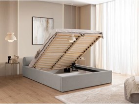 Светлосиво тапицирано двойно легло с място за съхранение и включена подматрачна рамка 160x200 cm Cille – Ropez