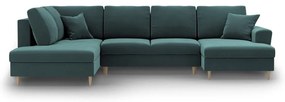 Кадифен разтегателен ъглов диван с място за съхранение в петролен цвят (ляв ъгъл/U форма) Kyoto – Cosmopolitan Design