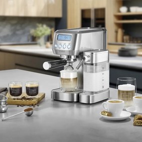 Еспресо машина Caso Gourmet Latte, 1350W, 20 bar, 1.3 л, ULKA, 6 програми, Предварително запарване, Портафилтър, ESE, Инокс