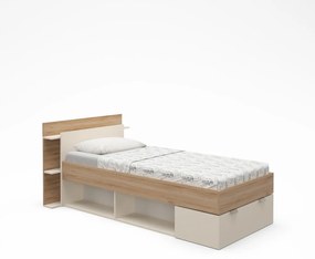 Бяло-естествено единично легло 90x200 cm от декор от дъб с място за съхранение без ламелно дъно Albo – Marckeric