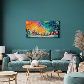 Картина на платно Коледна – Цветни къщи в магическа нощ