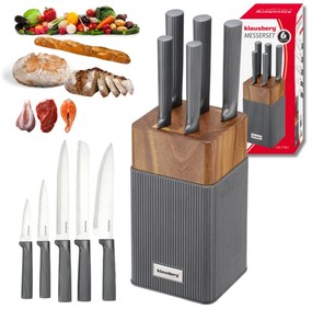 Комплект ножове Klausberg KB 7982, 6 части, Неръждаема стомана, Стойка от акациево дърво, Графит/кафяв
