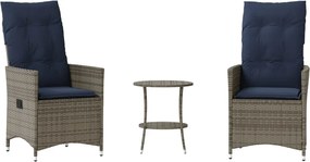 365656 vidaXL Бистро комплект от 3 части с възглавници, сив, полиратан