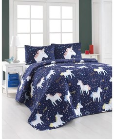 Комплект от ватирано шалте и 2 калъфки за възглавници Eponj Home Magic Unicorn Dark Blue, 200 x 220 cm - Mijolnir