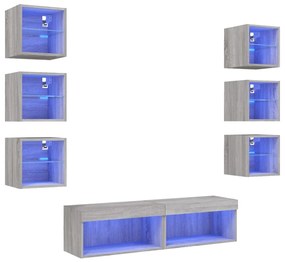 3216638 vidaXL ТВ стенни модули с LED, 8 части, сив сонома, инженерно дърво