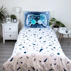 Единично памучно детско спално бельо в бял и син цвят 140x200 cm Game over – Jerry Fabrics