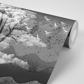 Тапет – Черно-бяло дърво обляно в облаци