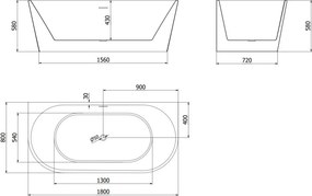 Mexen Oval свободностояща вана край стена 180 x 80 см, бяла, преливане черно