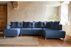 Тъмносин ъглов разтегателен диван от велур (десен ъгъл/U-образна форма) Lazy Lukka - Miuform