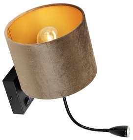 Стенна лампа черна с кафяв велурен абажур 18см - Brescia