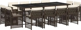 3211041 vidaXL Външен трапезен комплект 13 части с възглавници кафяв полиратан