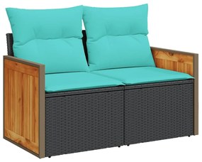 366037 vidaXL Градински диван с възглавници, двуместен, черен, полиратан