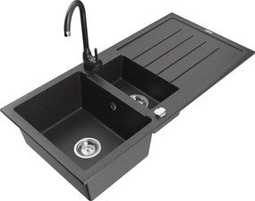 Mexen Andres гранитна мивка с 1,5 камери и отцедник и кухненски смесител Telma, черен на пръски - 6515-76-670200-76