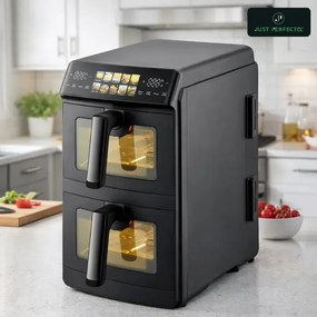 Двоен фритюрник с горещ въздух Just Perfecto JP-AF10DB, 2600 W, 10 л, 10 програми, 80-200 C, Rapid Hot Air Circulation, Синхронизирано готвене, Черен