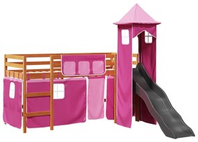 3309136 vidaXL Детско високо легло с кула, розово, 90x200 см, бор масив
