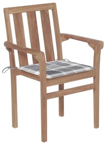 3062222 vidaXL Градински столове, 2 бр, възглавници на сиво каре, тик масив