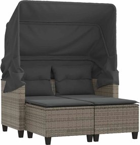 365783 vidaXL 2-местен градински диван със сенник и табуретки сив полиратан