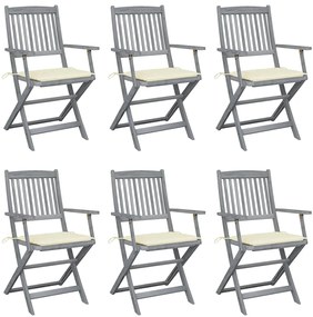 3065409 vidaXL Сгъваеми градински столове, 6 бр, с възглавници, акация масив