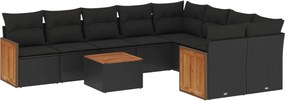 3260389 vidaXL Градински комплект диван с възглавници 10 части черен полиратан