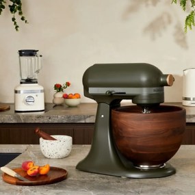 Планетарен миксер KitchenAid Artisan Evergreen 5KSM180WSEEG, 300W, 4.7 л, Direct drive, 10 скорости, Накланяща се глава, Купа от орехово дърво, Тъмнозелен/кафяв