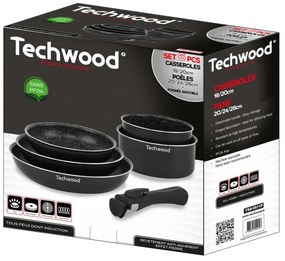 Разопакован: Комплект тенджери и тигани Techwood TSA-6611P, 6 ч, Сваляща се дръжка, Незалепващо покритие, Без PFOA, Индукция, Черен