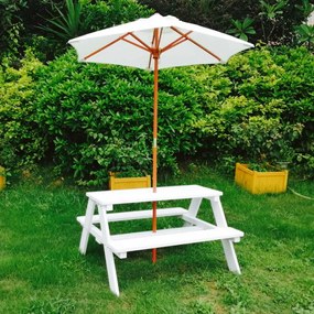 GINGER HOME Дървена маса с пейки и чадър с UV защита БЯЛА