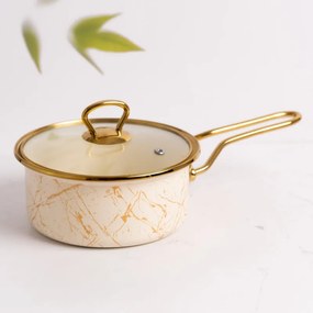 Касерола със стъклен капак Goldmann GM 4521-16B, 16x8 см, 1.5л, Емайл, Индукция, Бял/Старо Злато