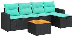 3325781 vidaXL Градински диван с възглавници, 6 части, черен, полиратан