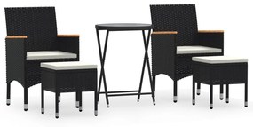 3058394 vidaXL Градински комплект, 5 части, полиратан и закалено стъкло, черно