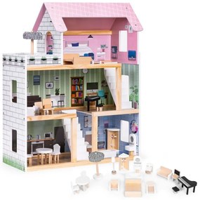 Многоетажна дървена къща за кукли с мебели