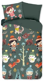 Тъмнозелено единично удължено памучно детско спално бельо 140x220 cm Fun – Good Morning