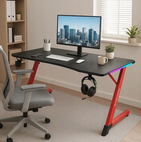 Черно-червена геймърска маса, PC маса с RGB LED осветление Šírka: 120 cm