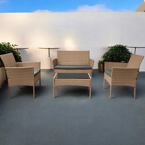 Елегантен ратанов градински комплект с маса с черно стъкло