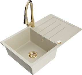 Mexen Bruno гранитна мивка 1-камерна с отцедник и кухненска батерия Elia, бежов - 6513-69-670101-50