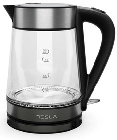 Електрическа кана Tesla KT300X, Стъклена, 2200W, 1.7 L, Скрит нагревател, STRIX Технология, Черен