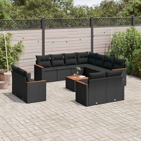 3226503 vidaXL Градински диван с възглавници, 12 части, черен, полиратан