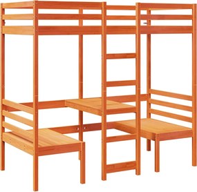 3308558 vidaXL Таванско легло с бюро и столове восъчнокафяв 80x200см бор масив