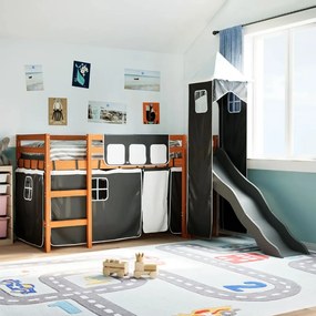3309143 vidaXL Детско високо легло с кула, бяло и черно, 90x190 см, бор масив